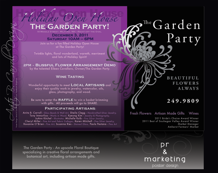 poster, business card, print, Web design, UX UI, Photography, Digital Image manipulation, The Garden Party, Milford, New Hampshire, Anita B. Carroll, Race-Point.com