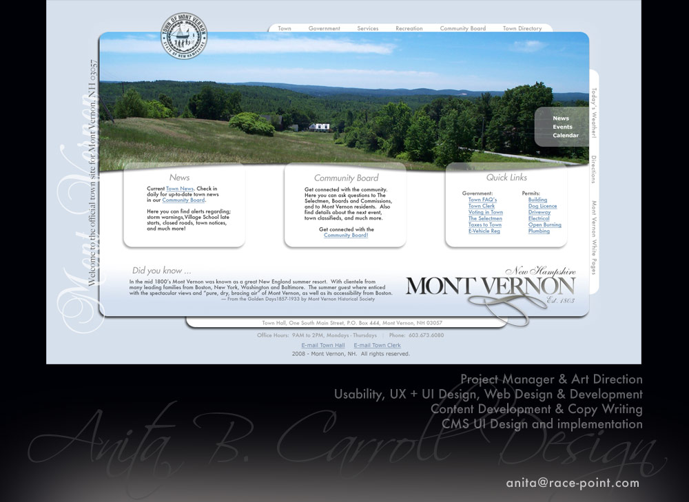 Web design, UX UI, Photography, Digital Image manipulation, Mont Vernon, New Hampshire, Anita B. Carroll, Race-Point.com